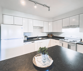 St. John's apartment for rent - A kitchen with white cabinets and a black countertop.