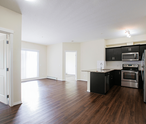 Calgary apartment for rent - A kitchen with black cabinets and stainless steel appliances.