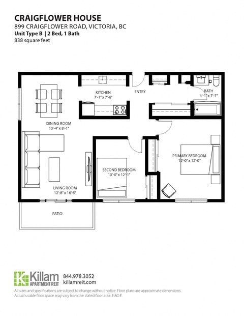 Floor plan for 2 beds, 1 bath, 838 sqft