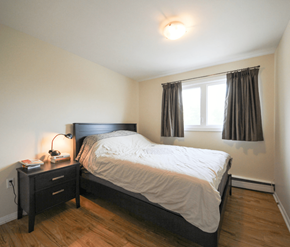 Fredericton apartment for rent - A bedroom with a bed, nightstand, and window.
