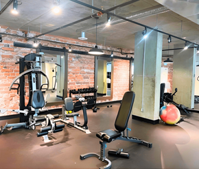 Edmonton apartment for rent - A gym with a variety of equipment including a weight bench, a leg press machine, and a medicine ball.