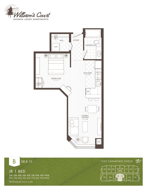 Floor plan for studio, 1 bath, 622 sqft