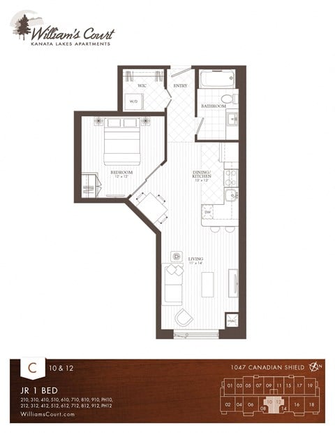 Floor plan for studio, 1 bath, 650 sqft