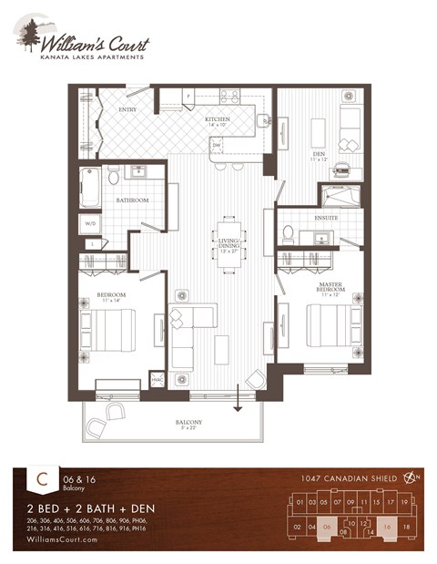 Floor plan for 2 beds, 2 baths, 1360 sqft