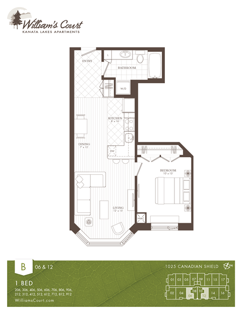 Floor plan for 1 bed, 1 bath, 657 sqft