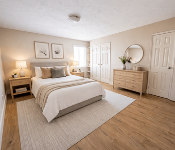 Fredericton apartment for rent - A bedroom with a large bed, a nightstand with a lamp, and a dresser with a mirror.