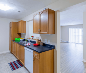 Fredericton apartment for rent - A kitchen with wooden cabinets and a black countertop.