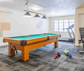 Fredericton apartment for rent - A pool table with a green felt cloth and a set of pool balls on the floor.