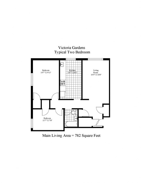 Floor plan for 2 beds, 1 bath, 782 sqft