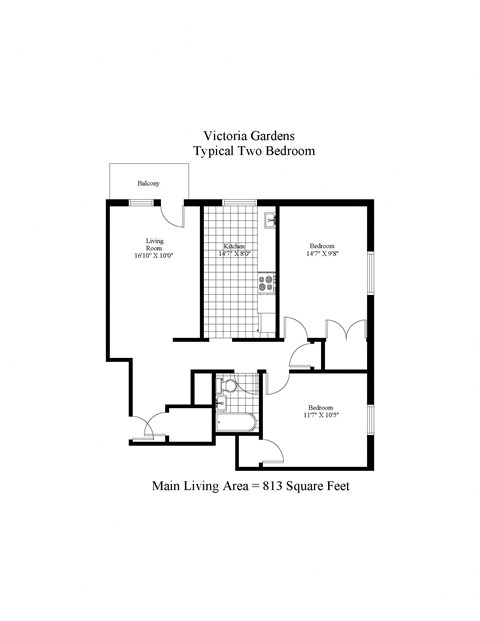 Floor plan for 2 beds, 1 bath, 813 sqft