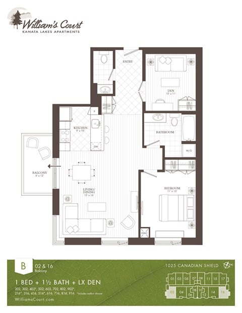 Floor plan for 1 bed, 1 bath, 892 sqft