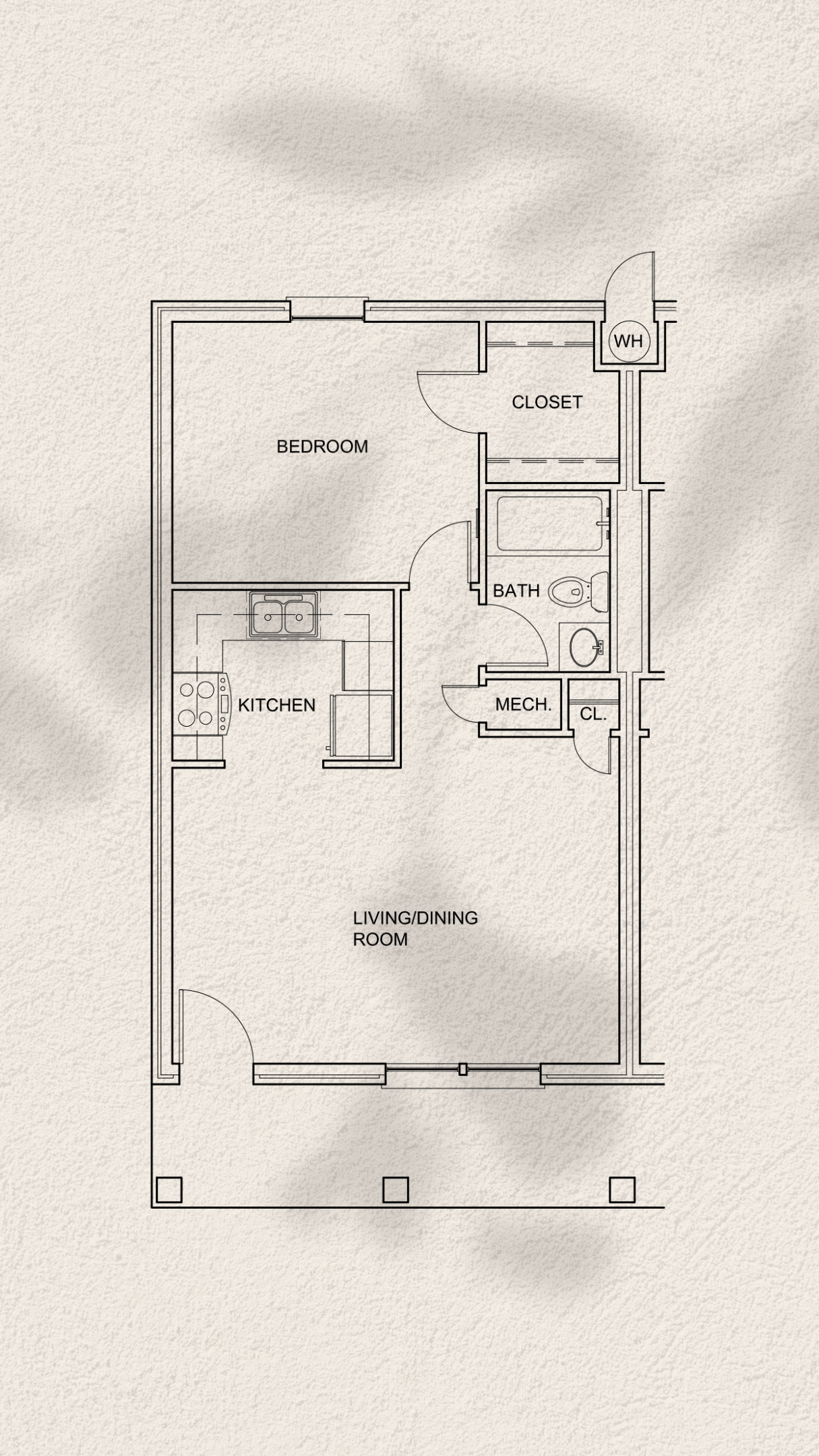 Floor plan for 1 bed, 1 bath, 590 sqft