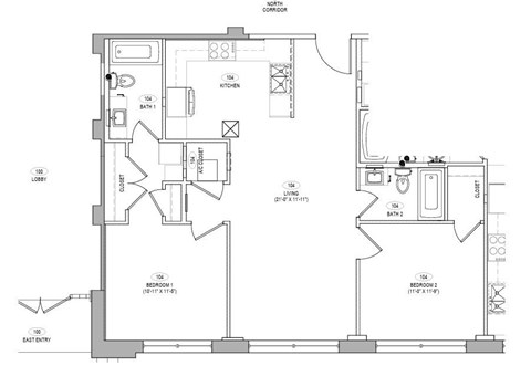 Floor plan for 2 beds, 2 baths, 948 sqft