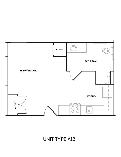 Floor plan for studio, 1 bath, 376 sqft
