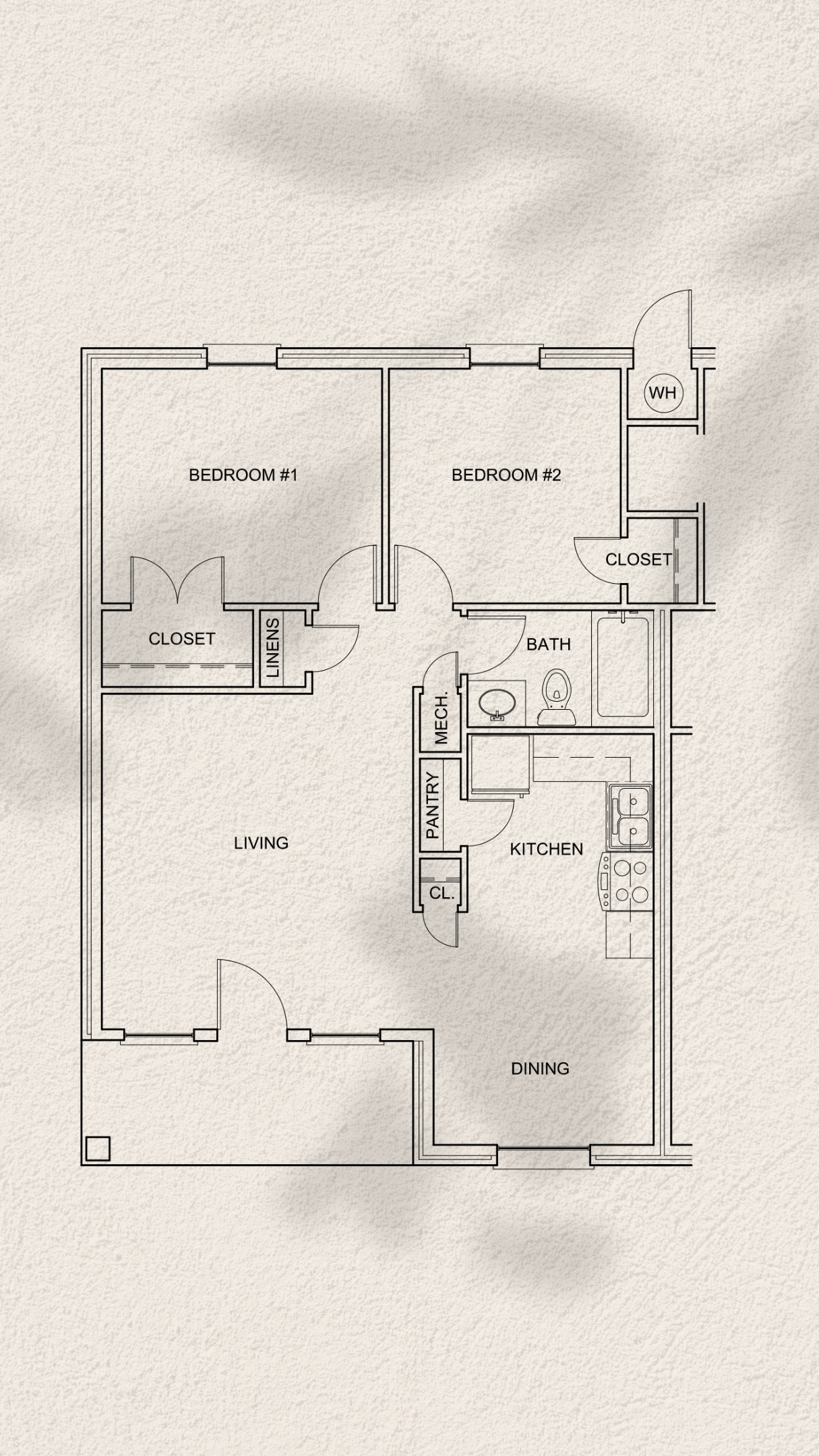 Floor plan for 2 beds, 1 bath, 804 sqft