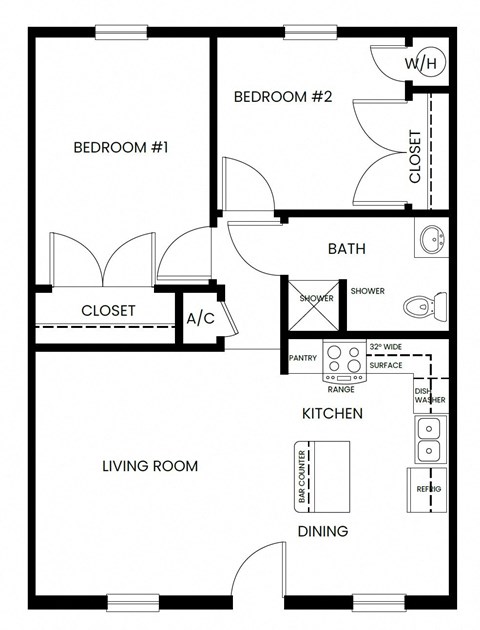 Floor plan for 2 beds, 1 bath, 761 sqft