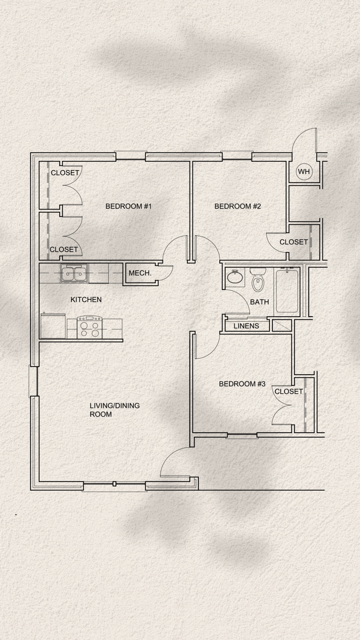 Floor plan for 3 beds, 1 bath, 898 sqft