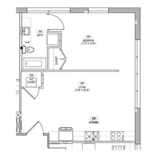 Floor plan for 1 bed, 1 bath, 615 sqft