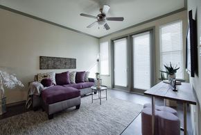 Houston apartment for rent - a living room with white walls and a purple couch