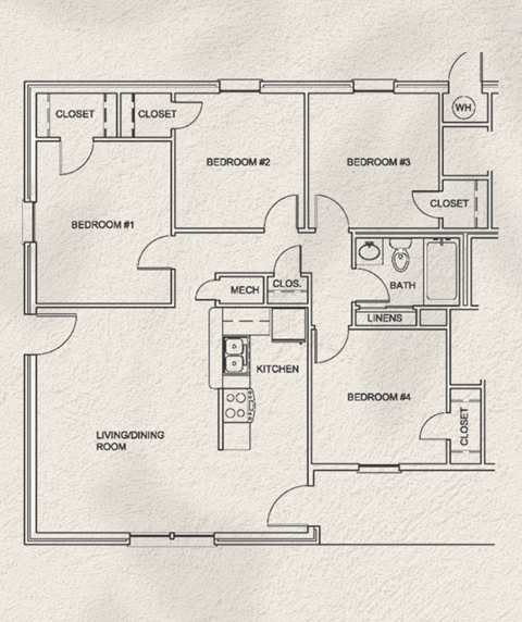 Floor plan for 4 beds, 1 bath, 1069 sqft