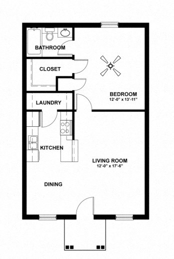 Floor plan for 1 bed, 1 bath, 690 sqft