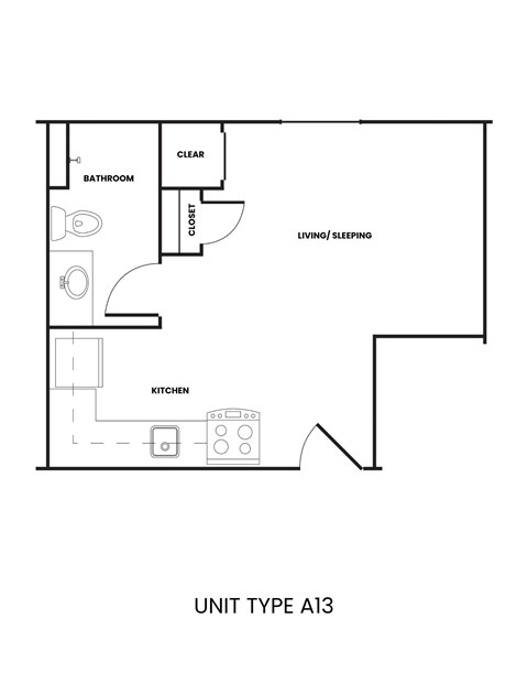 Floor plan for studio, 1 bath, 290 sqft