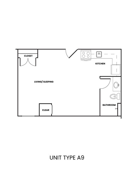 Floor plan for studio, 1 bath, 399 sqft