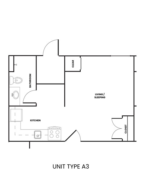 Floor plan for studio, 1 bath, 374 sqft