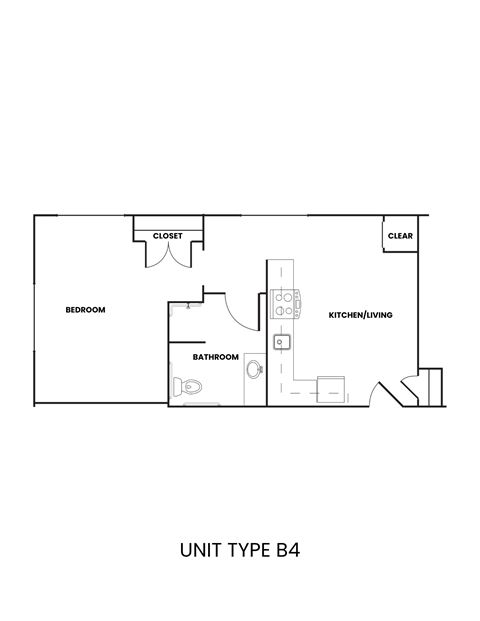 Floor plan for 1 bed, 1 bath, 523 sqft