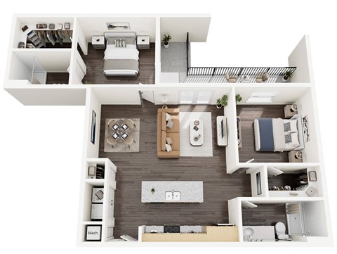 Floor plan for 2 beds, 2 baths, 1130 sqft