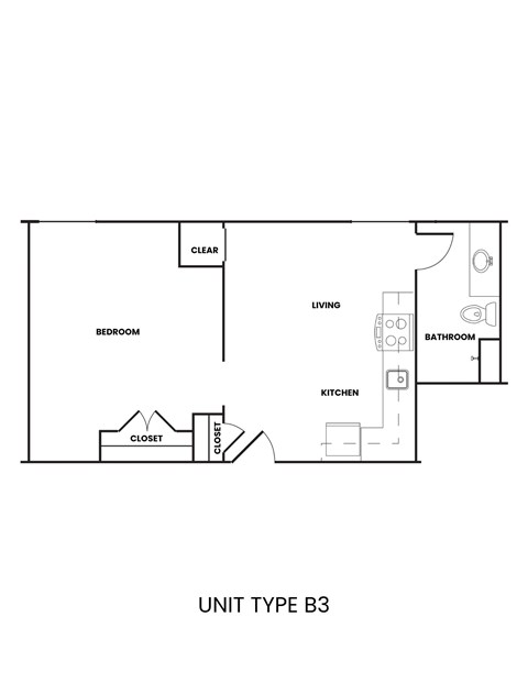 Floor plan for 1 bed, 1 bath, 475 sqft