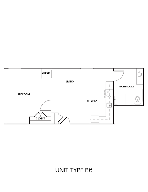 Floor plan for 1 bed, 1 bath, 593 sqft