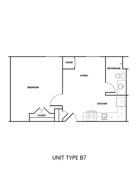 Floor plan for 1 bed, 1 bath, 463 sqft