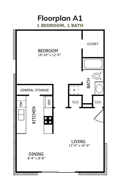 Floor plan for 1 bed, 1 bath, 646 sqft