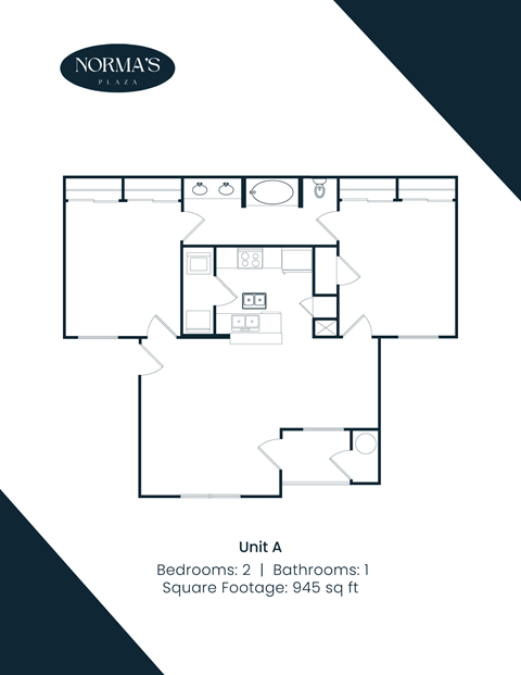 Floor plan for 2 beds, 1 bath, 945 sqft