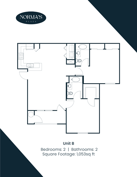 Floor plan for 2 beds, 2 baths, 1053 sqft