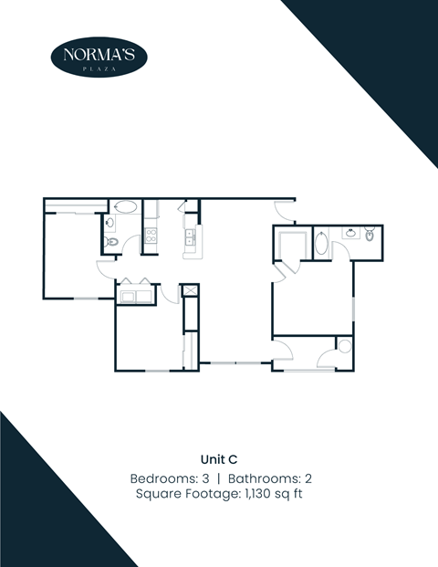 Floor plan for 3 beds, 2 baths, 1130 sqft