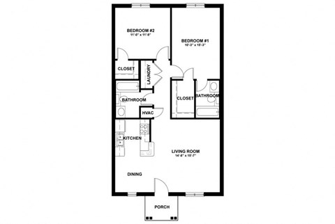 Floor plan for 2 beds, 2 baths, 960 sqft