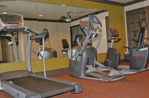 Fort Worth apartment for rent - A gym with treadmills, elliptical machines and a fan.