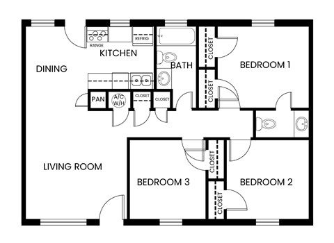 Floor plan for 3 beds, 1.5 baths, 871 sqft