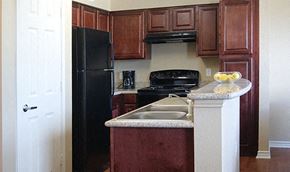 Fort Worth apartment for rent - A kitchen with a black refrigerator and brown cabinets.