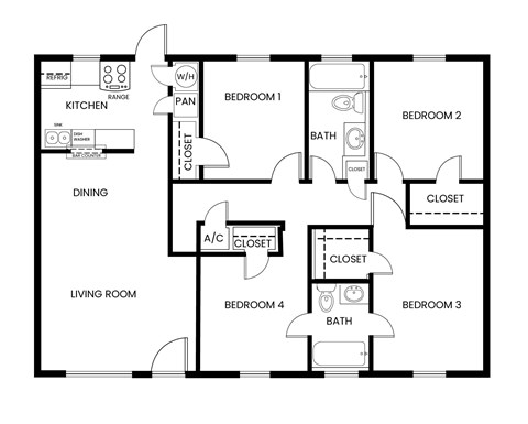Floor plan for 4 beds, 2 baths, 1065 sqft