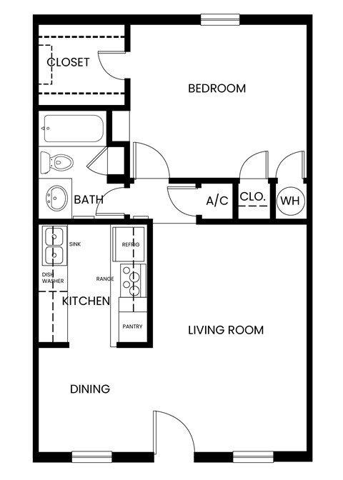 Floor plan for 1 bed, 1 bath, 635 sqft