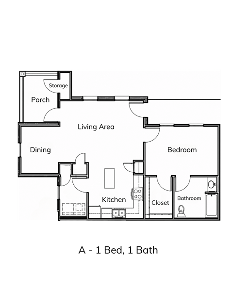 Floor plan for 1 bed, 1 bath, 790 sqft