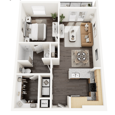 Floor plan for 1 bed, 1 bath, 740 sqft
