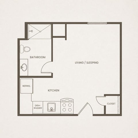 Floor plan for studio, 1 bath, 288 sqft