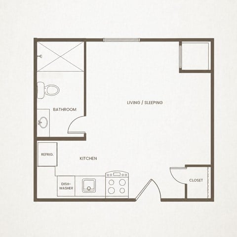 Floor plan for studio, 1 bath, 291 sqft