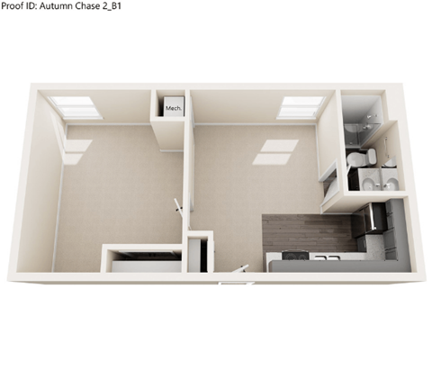 Floor plan for 1 bed, 1 bath, 542 sqft