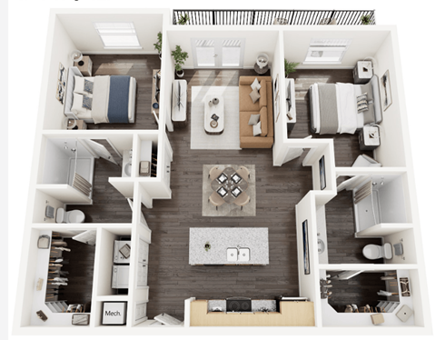 Floor plan for 2 beds, 2 baths, 1100 sqft
