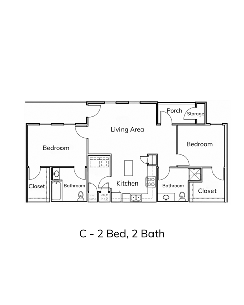 Floor plan for 2 beds, 2 baths, 1050 sqft